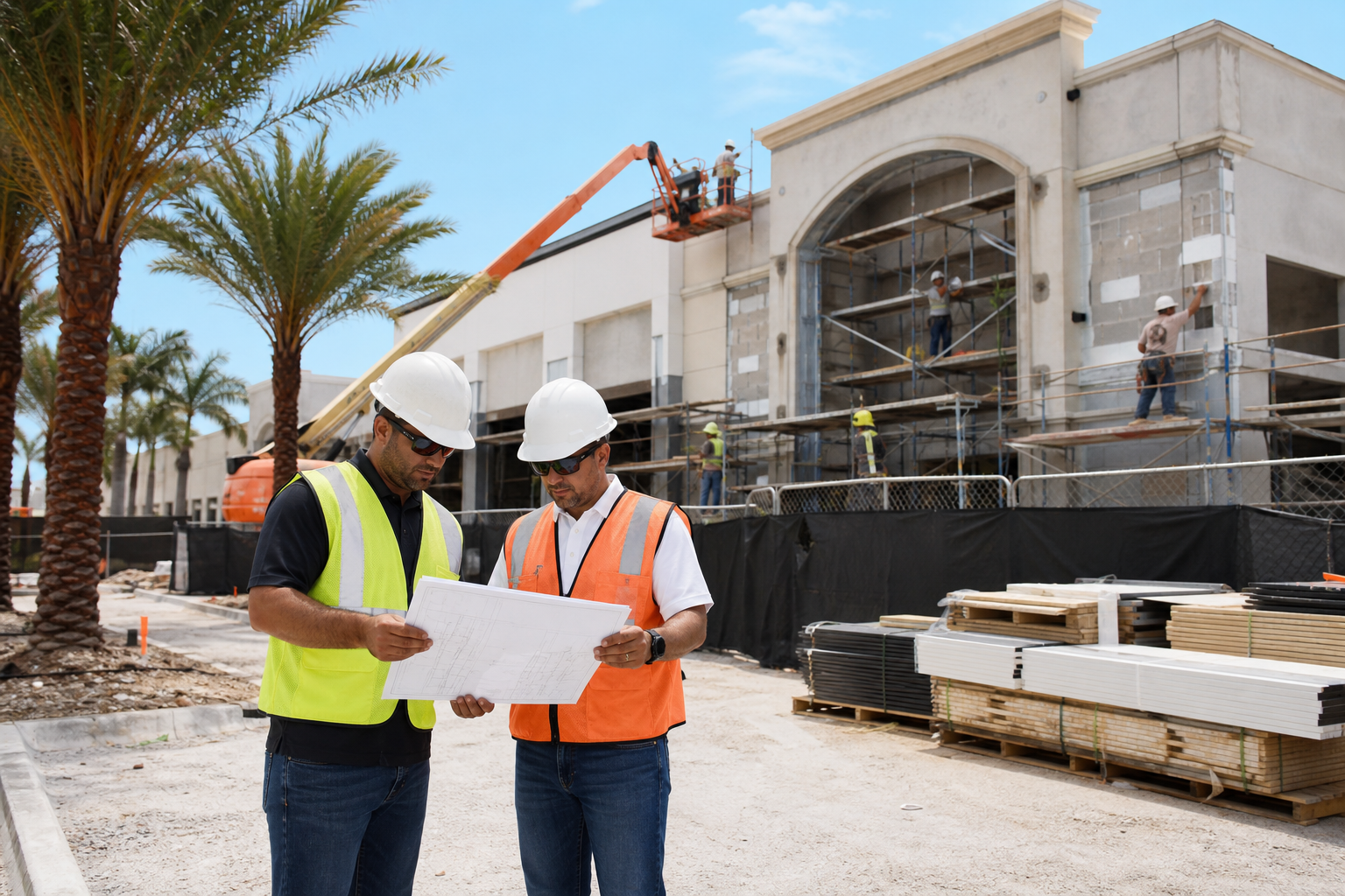 Blue Sky commercial construction team reviewing plans on site